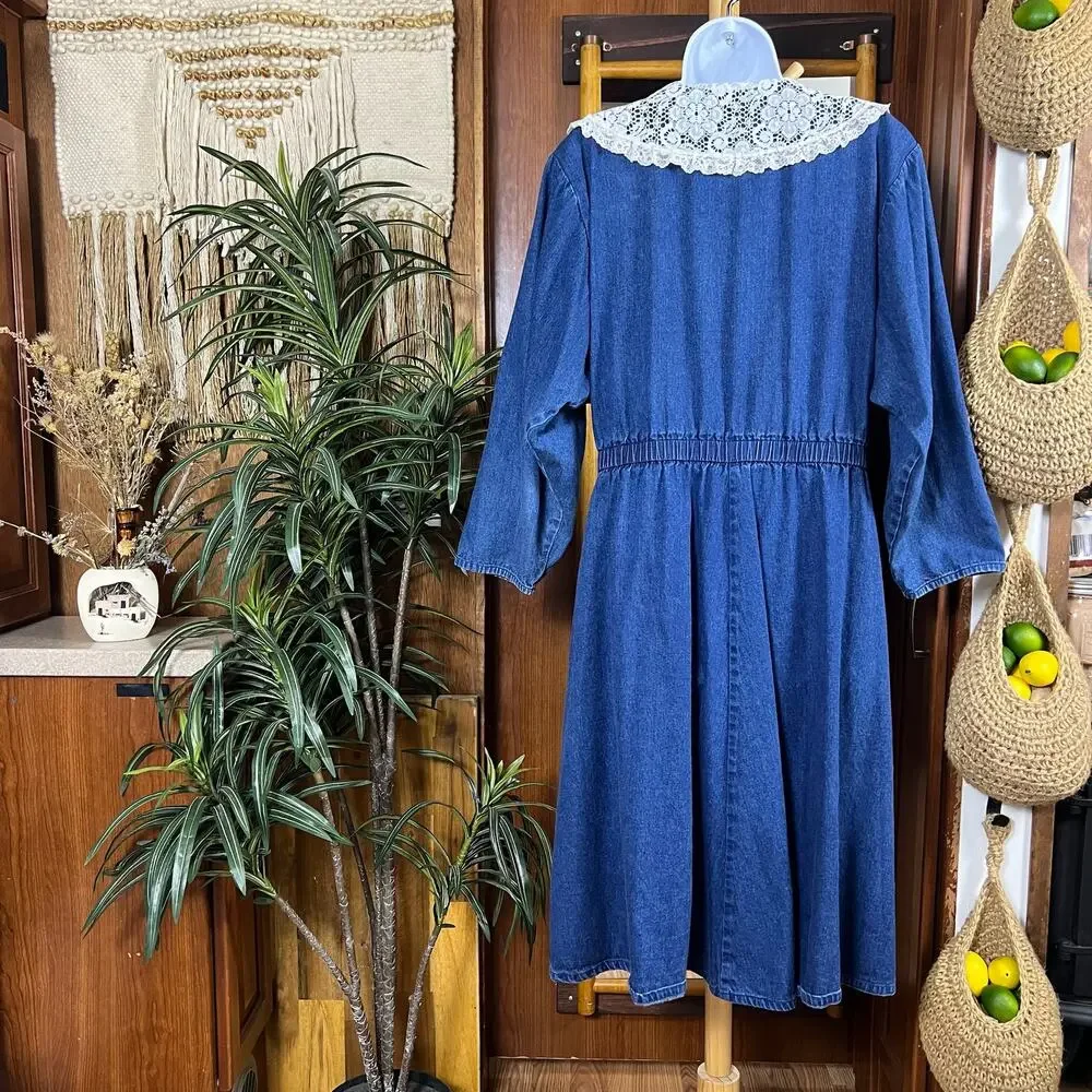 Vintage 80s Denim Prairie Dress Lace Collar M/L Cottagecore Coastal Cowgirl Midi - Picture 2 of 12